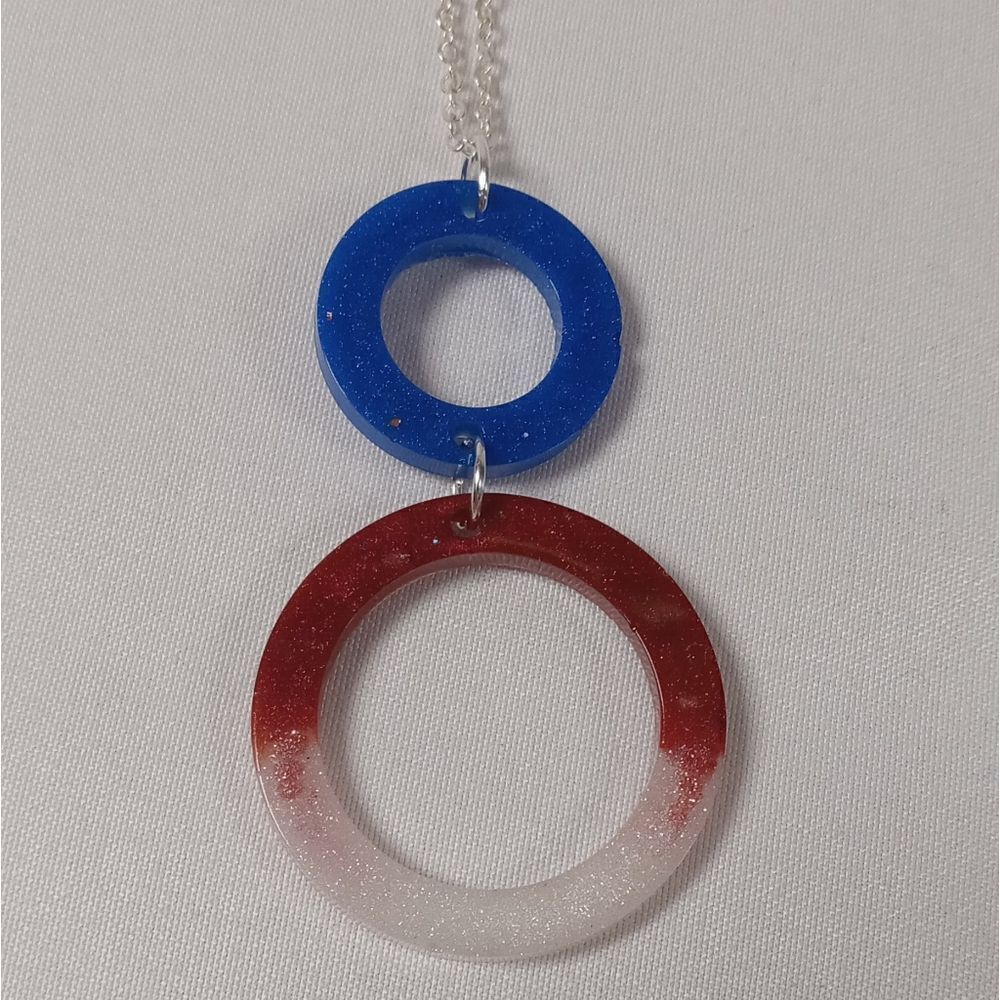 CLEARANCE  Red, white blue resin 2 circles resin necklace with 11 inch chain